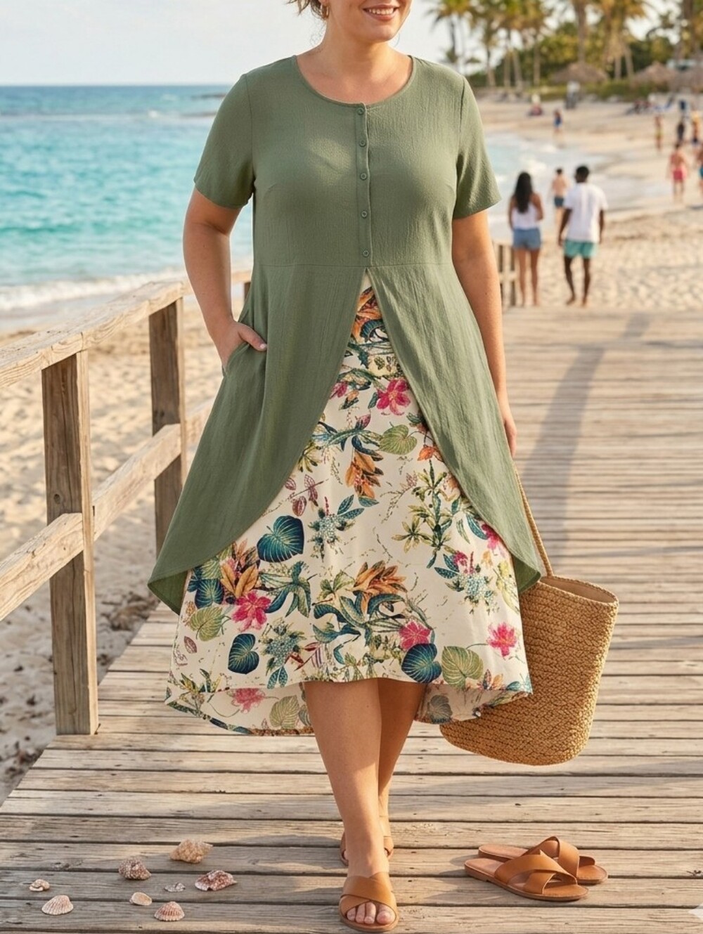 Green & Floral Dress Size 3X Ptp 26" L 50"